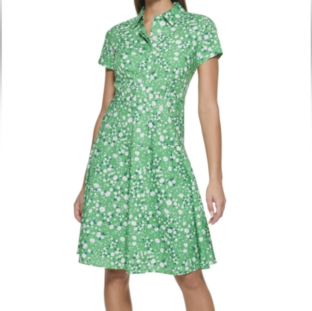 💚 NEW Tommy Hilfiger Windblown Daisy Green Floral Shirt Dress Size 8